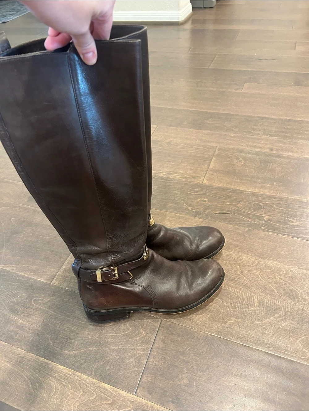 Michael Kors Dark Brown Leather Riding Boots with Gold Hardware